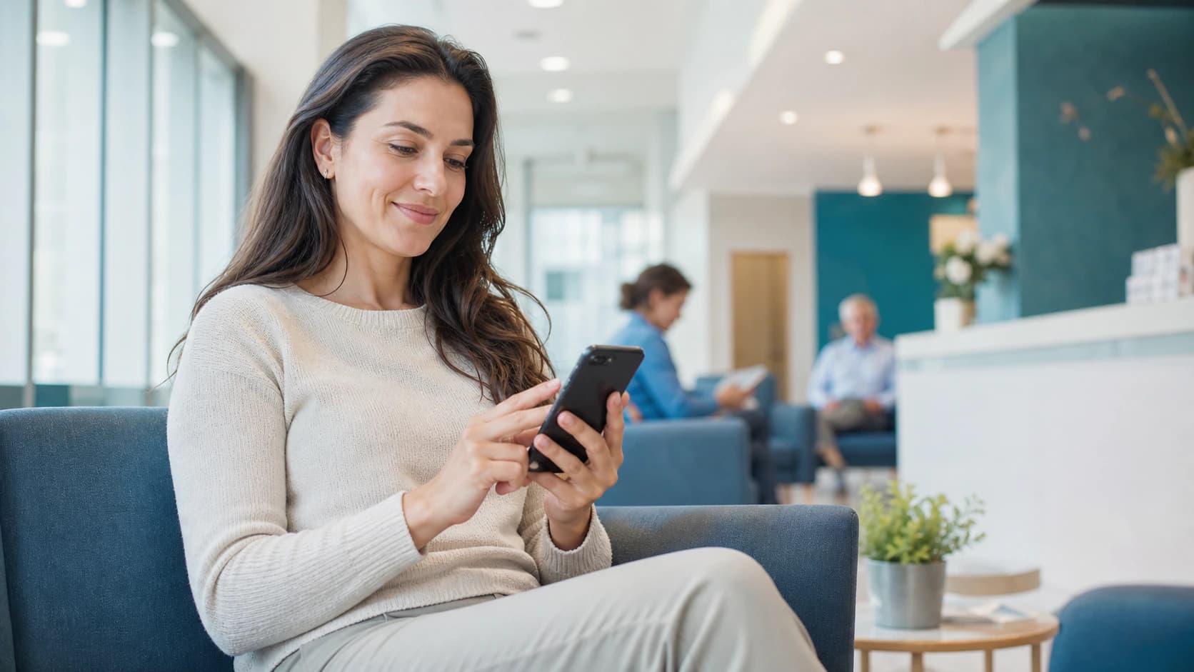 Smiling customer filling out a satisfaction survey on her phone