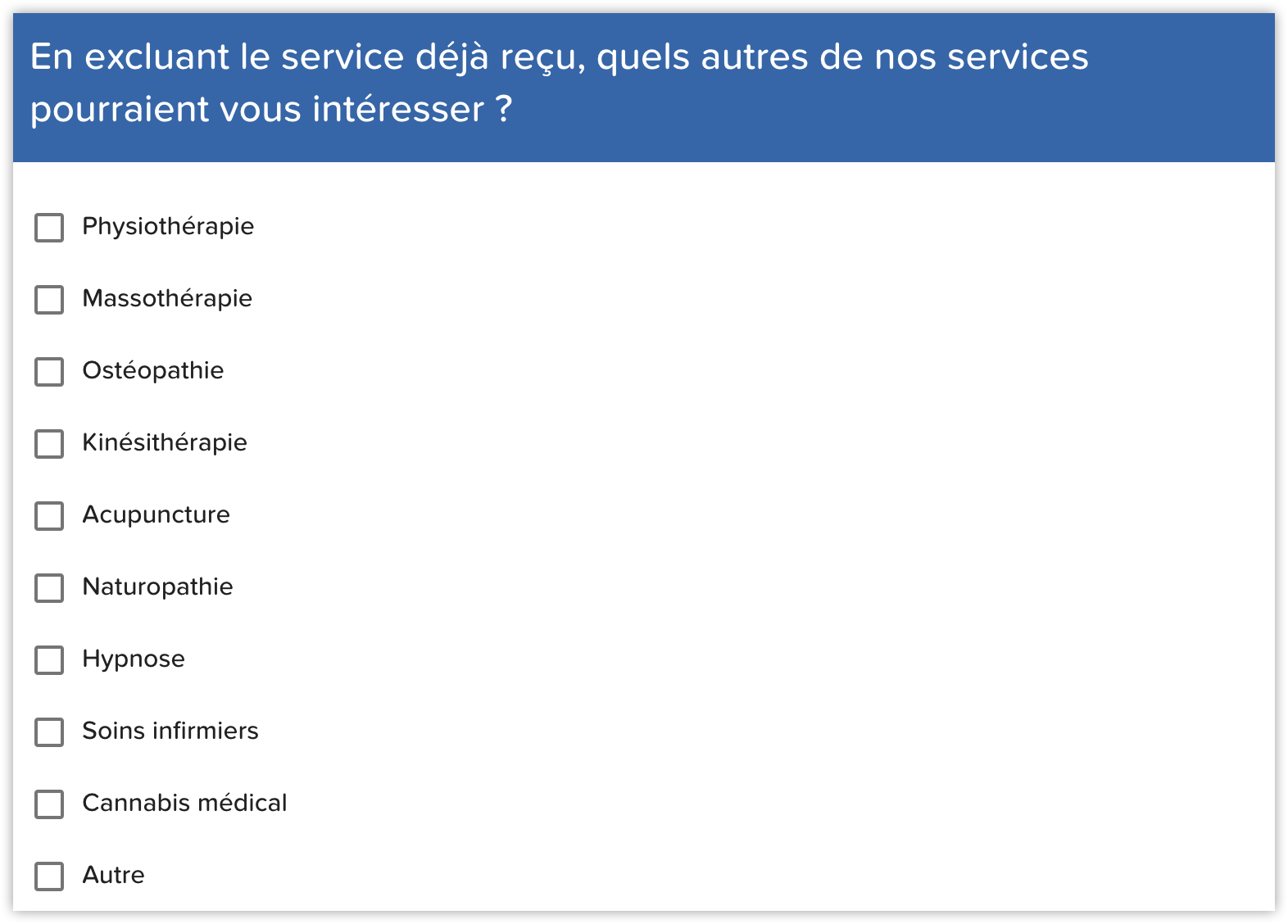 Questionnaire satisfaction client question choix multiple vente croisée