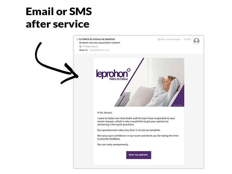 Email or SMS after service ; example of an email that a customer receive following a service 