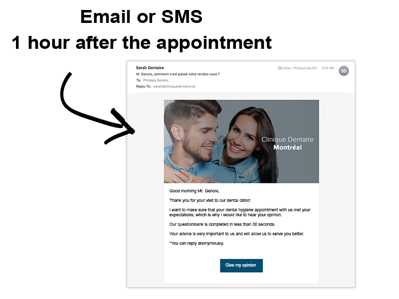 Email or SMS 1 hour after appointment